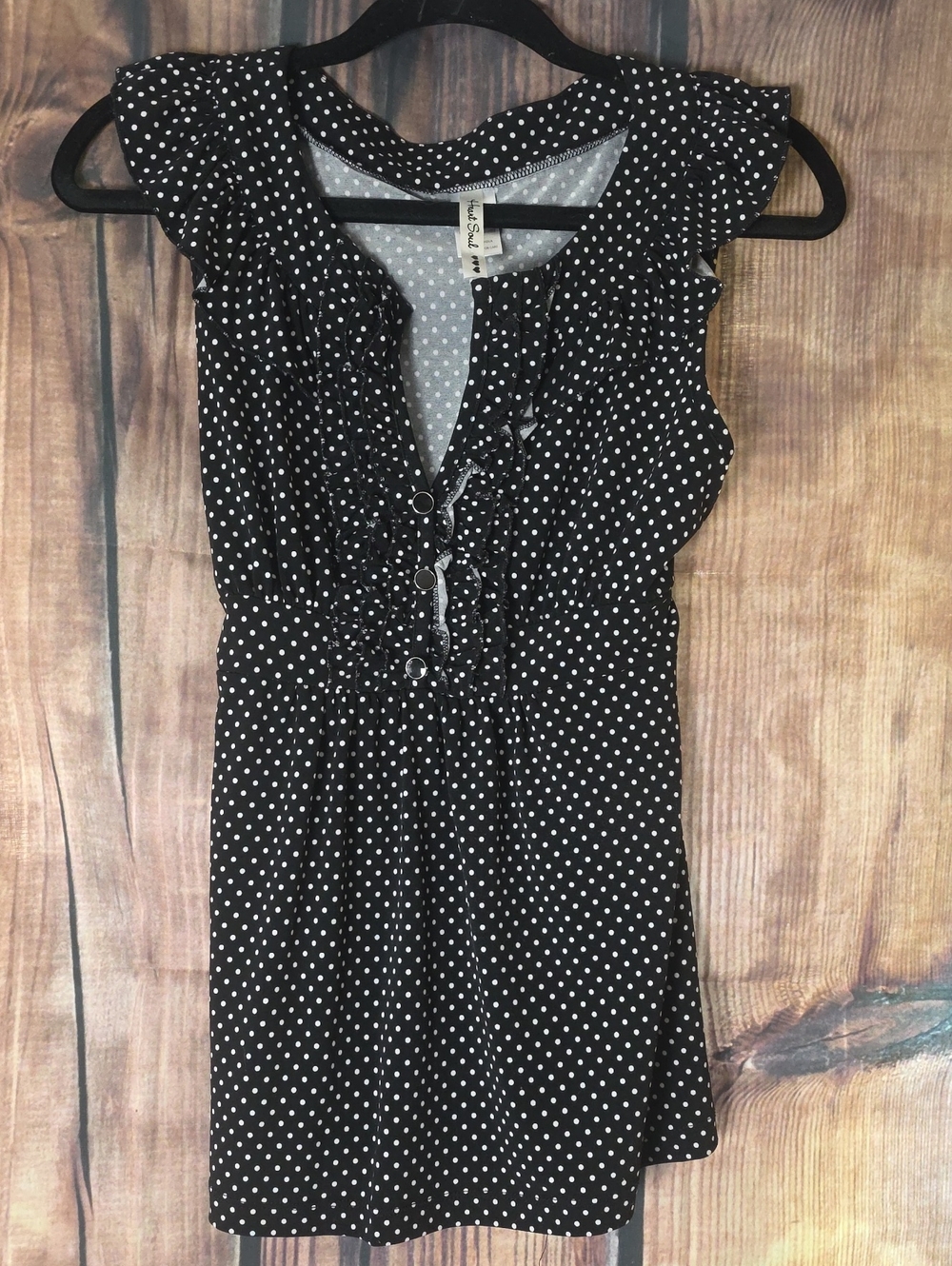 Heart Soul Large Black White Polka Dot Ruffle-Front Mini Top
